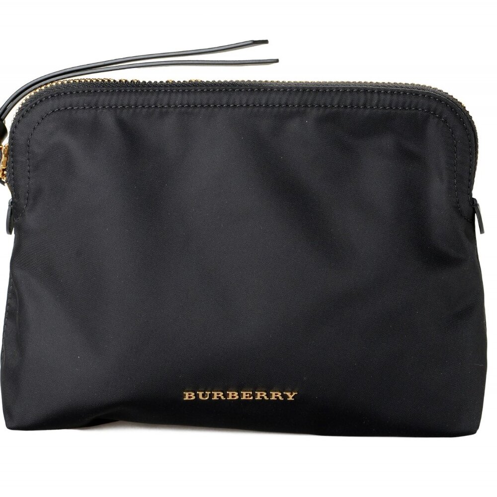 Burberry Black Pouch Clutch Cosmetic Bag Nylon Leather $350 Retail